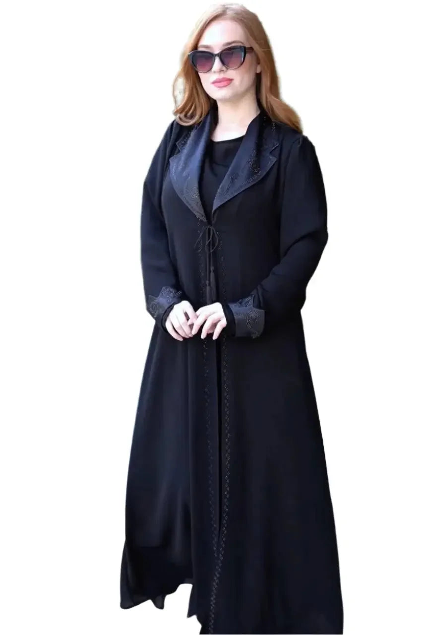 Elegant abaya set for women in black with detailed cuffs and collar by Palestinian Elegance