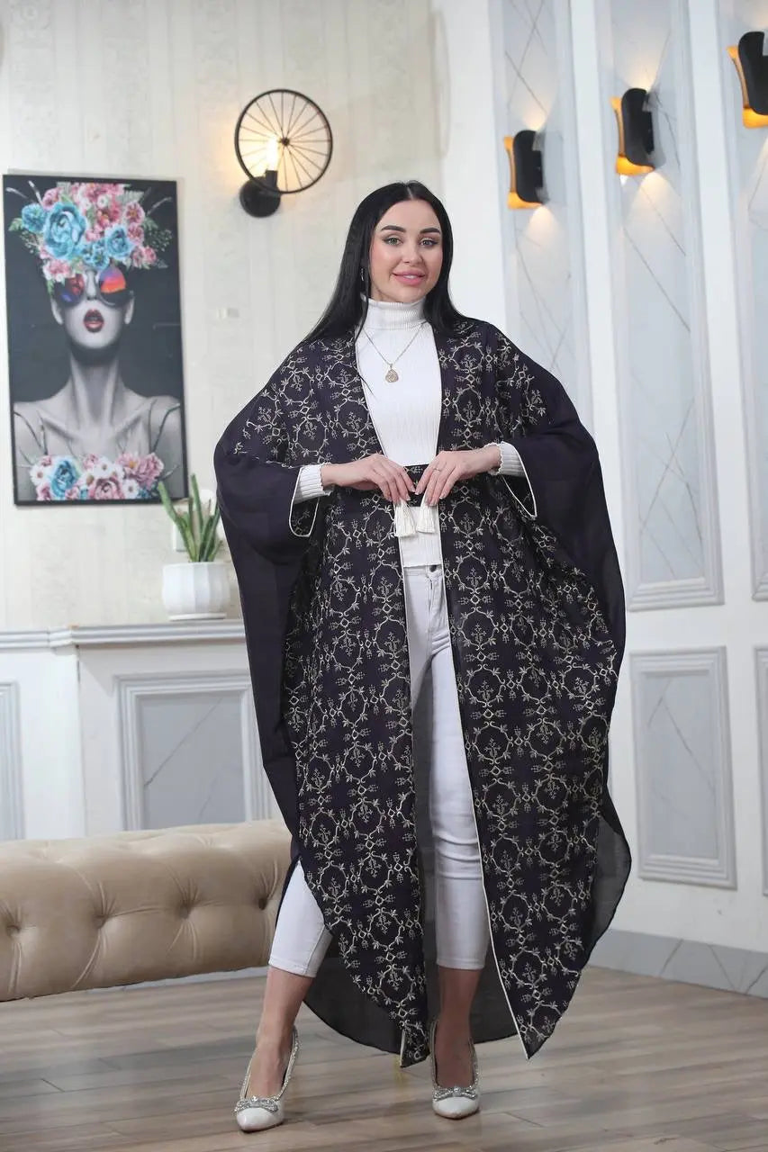 Embroidered Chiffon Cardigan Golden Silk Threads Palestinian Elegance