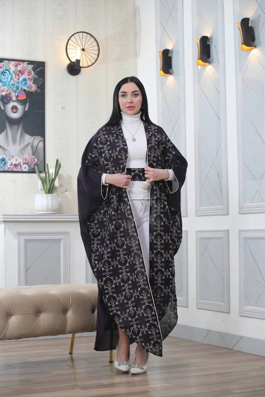 Embroidered Chiffon Cardigan Golden Silk Threads Palestinian Elegance