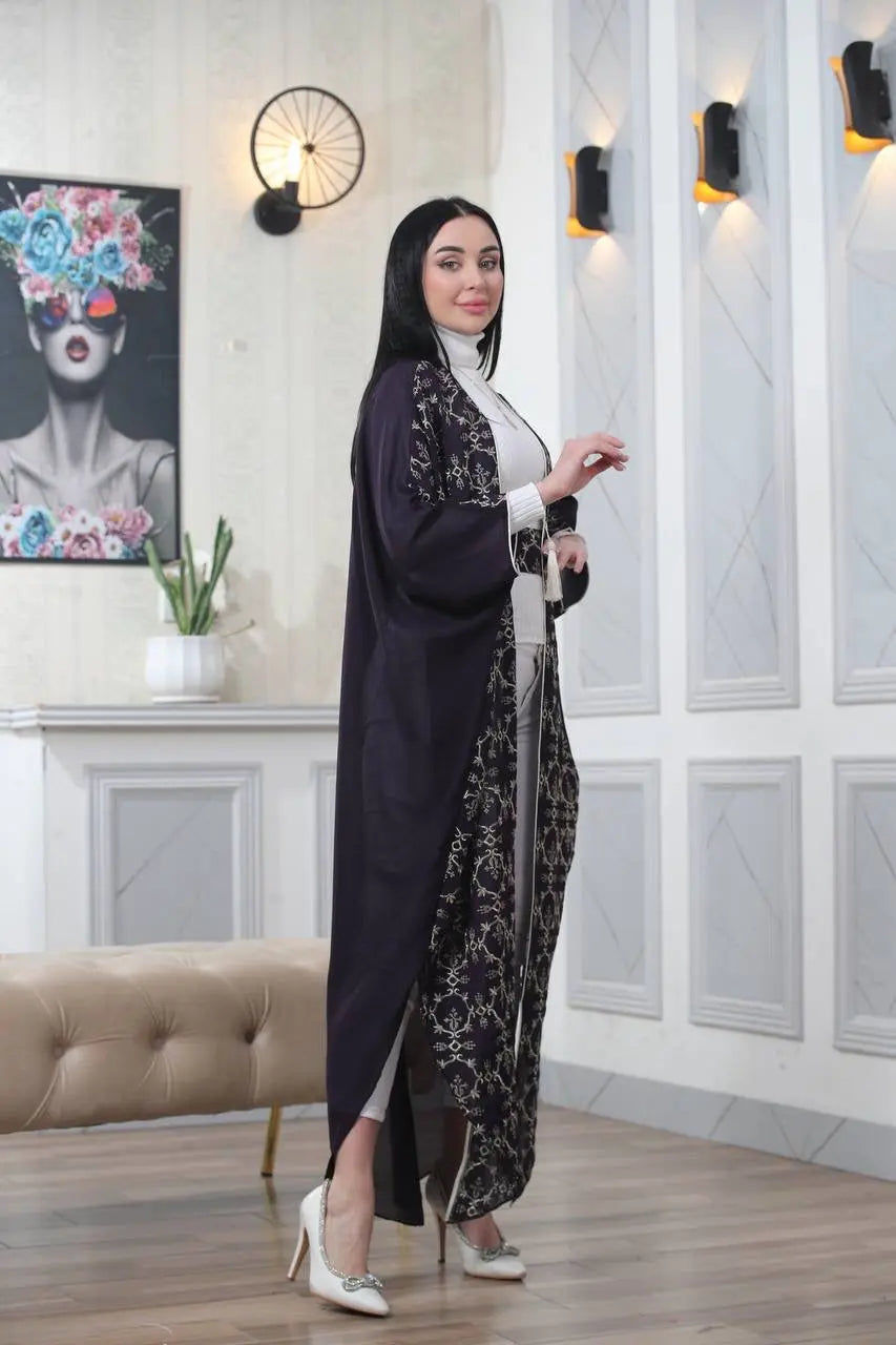 Embroidered Chiffon Cardigan Golden Silk Threads Palestinian Elegance