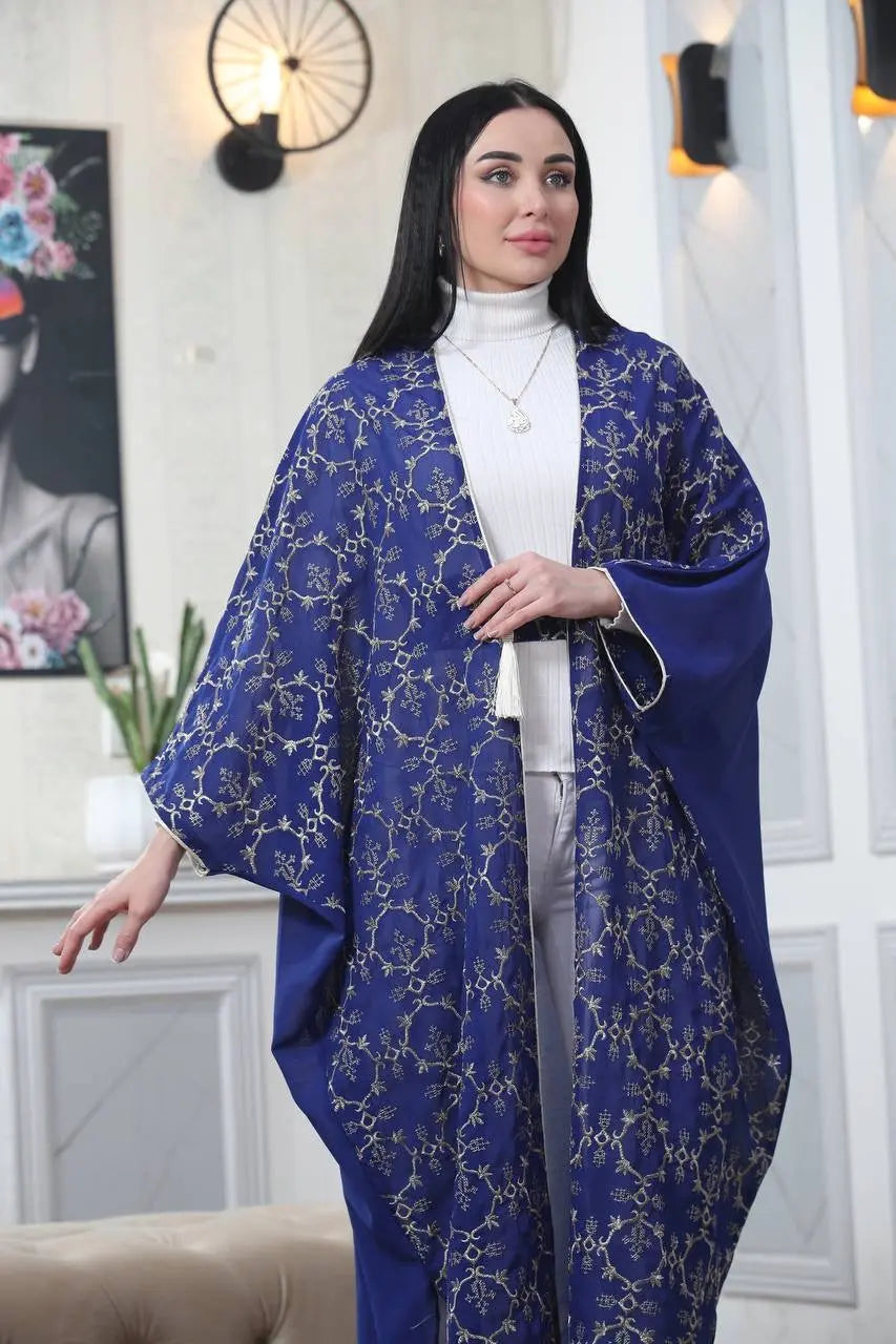 Embroidered Chiffon Cardigan Golden Silk Threads Palestinian Elegance