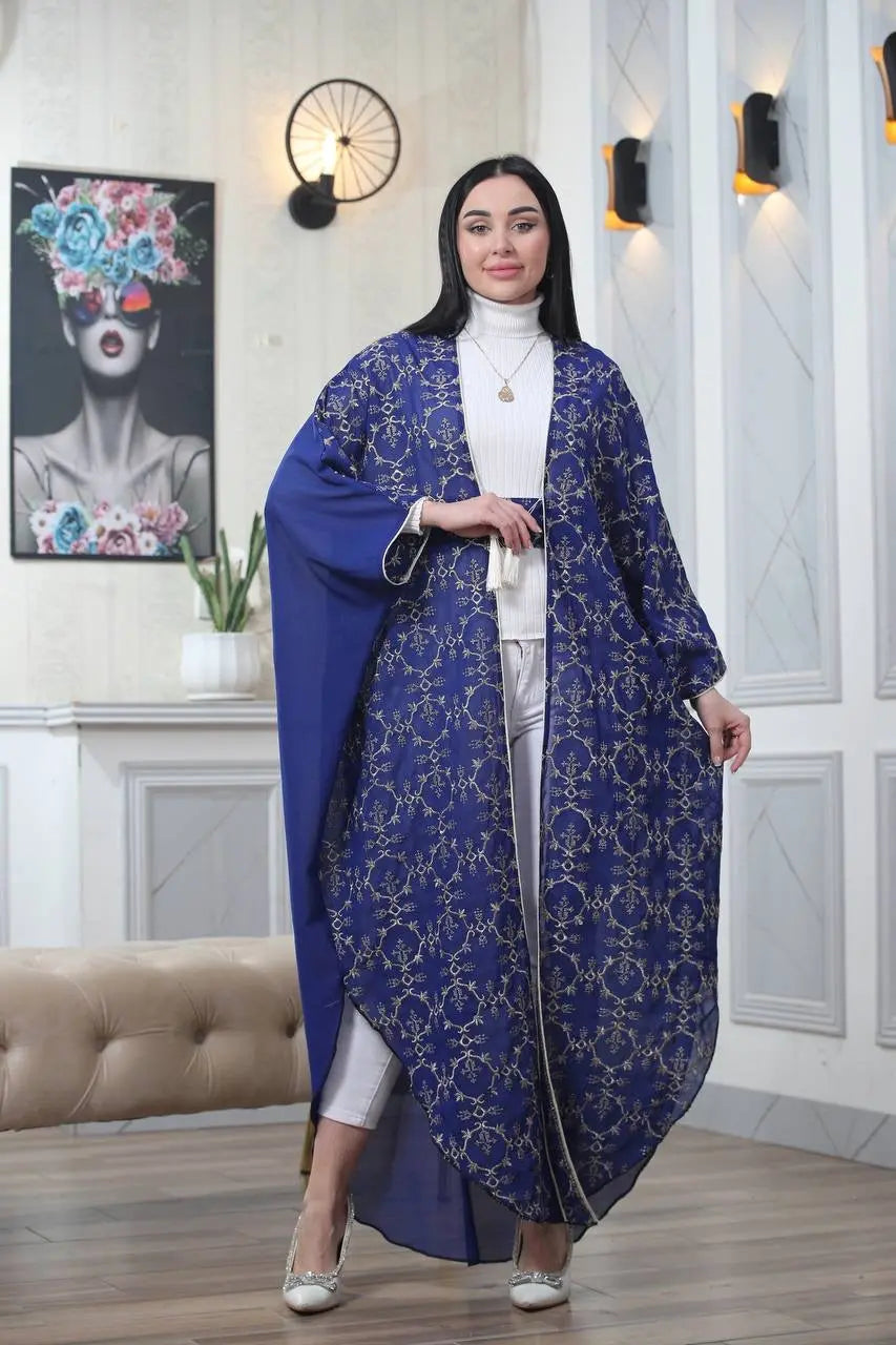 Embroidered Chiffon Cardigan Golden Silk Threads Palestinian Elegance