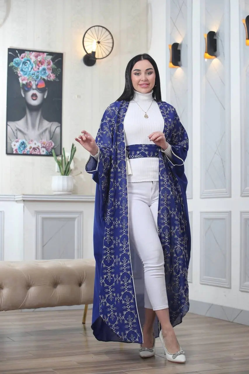 Embroidered Chiffon Cardigan Golden Silk Threads Palestinian Elegance
