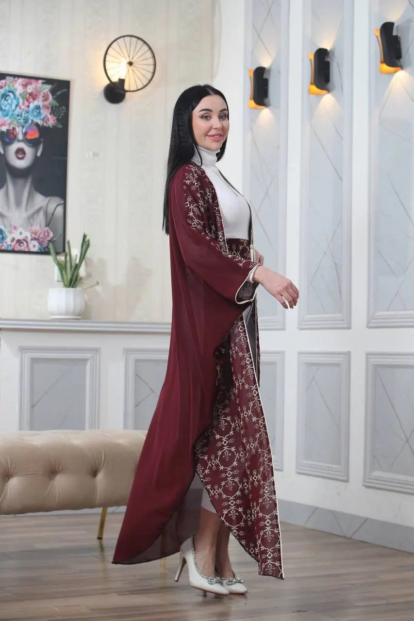 Embroidered Chiffon Cardigan Golden Silk Threads Palestinian Elegance