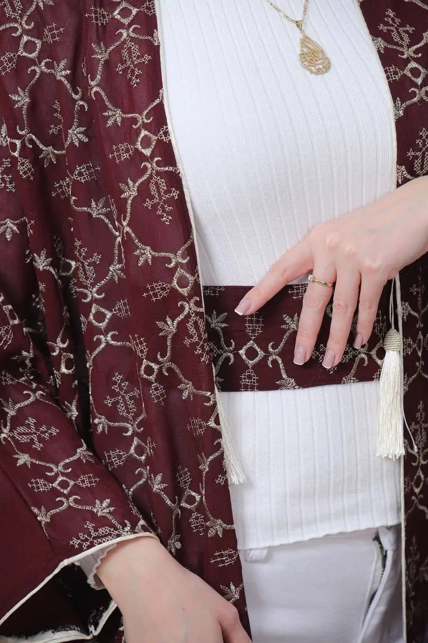 Embroidered Chiffon Cardigan Golden Silk Threads Palestinian Elegance