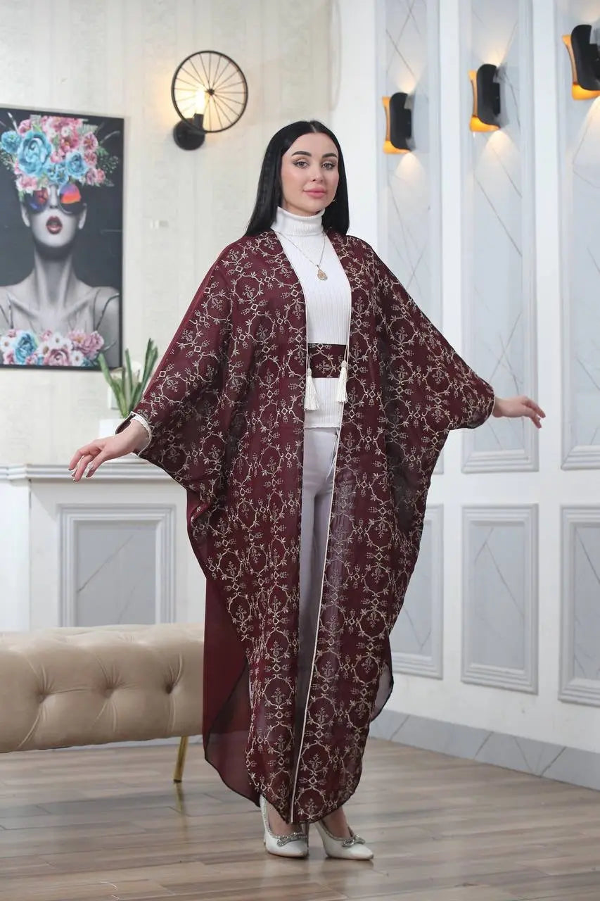 Embroidered Chiffon Cardigan Golden Silk Threads Palestinian Elegance