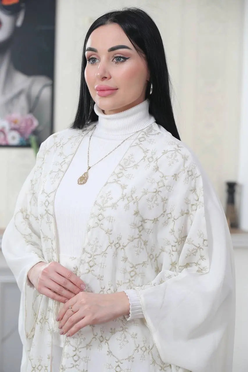 Embroidered Chiffon Cardigan Golden Silk Threads Palestinian Elegance