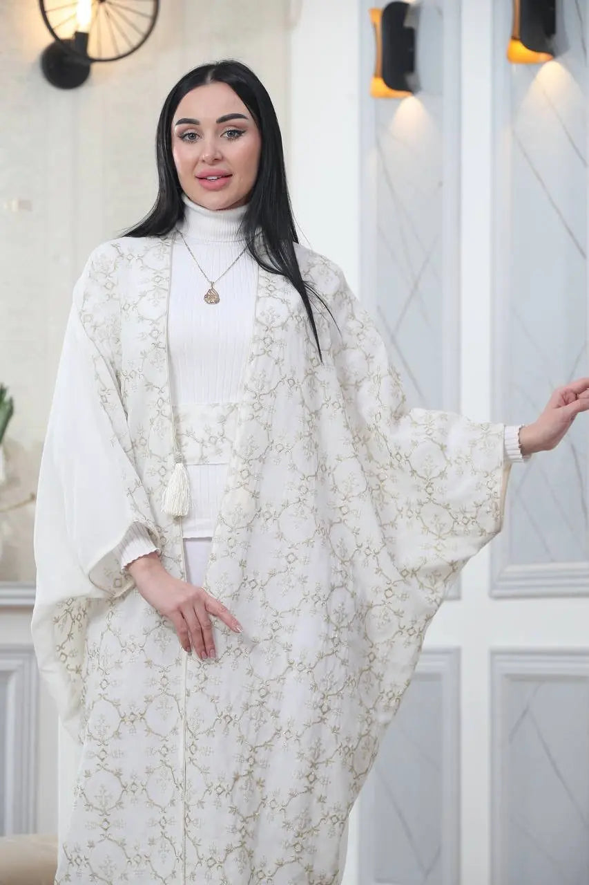 Embroidered Chiffon Cardigan Golden Silk Threads Palestinian Elegance