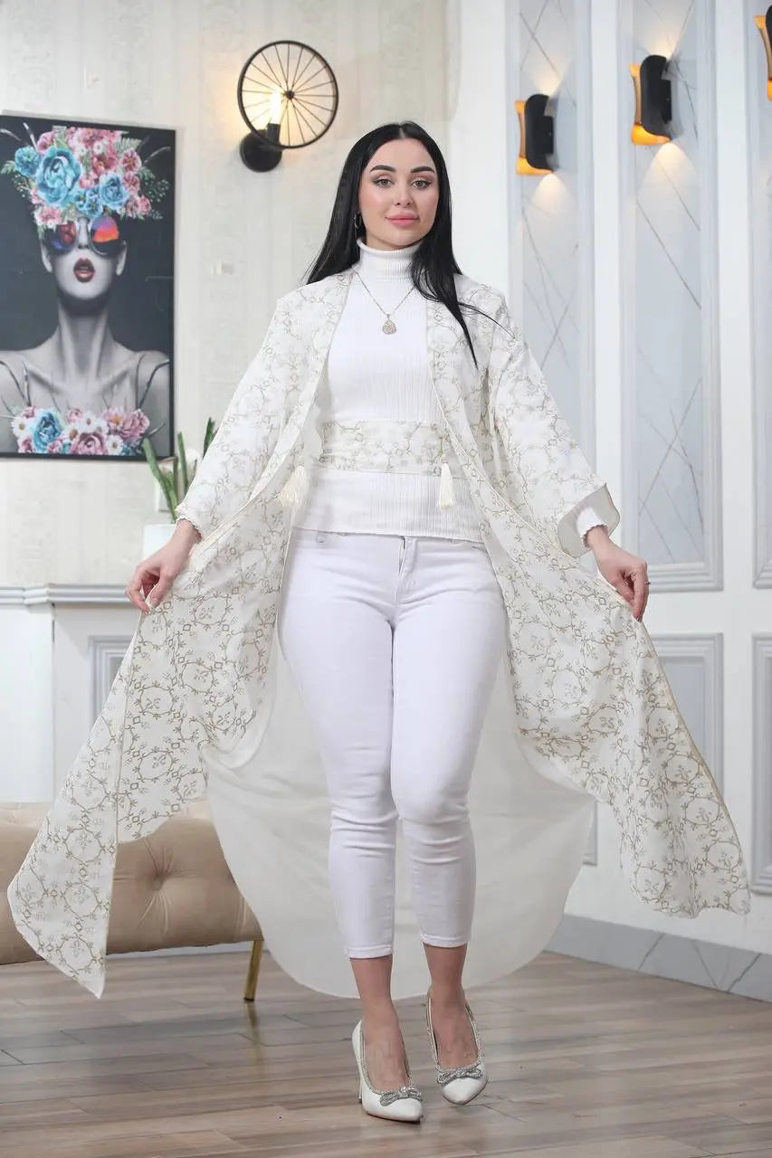 Embroidered Chiffon Cardigan Golden Silk Threads Palestinian Elegance