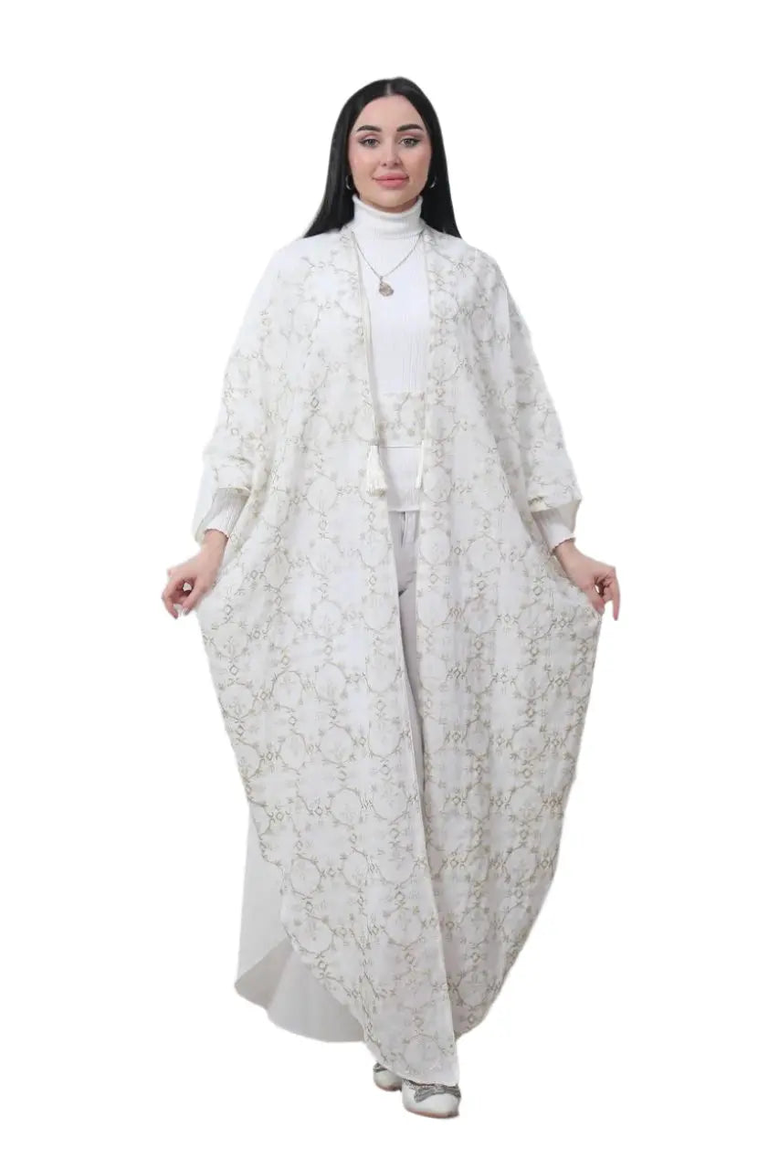Embroidered Chiffon Cardigan Golden Silk Threads Palestinian Elegance
