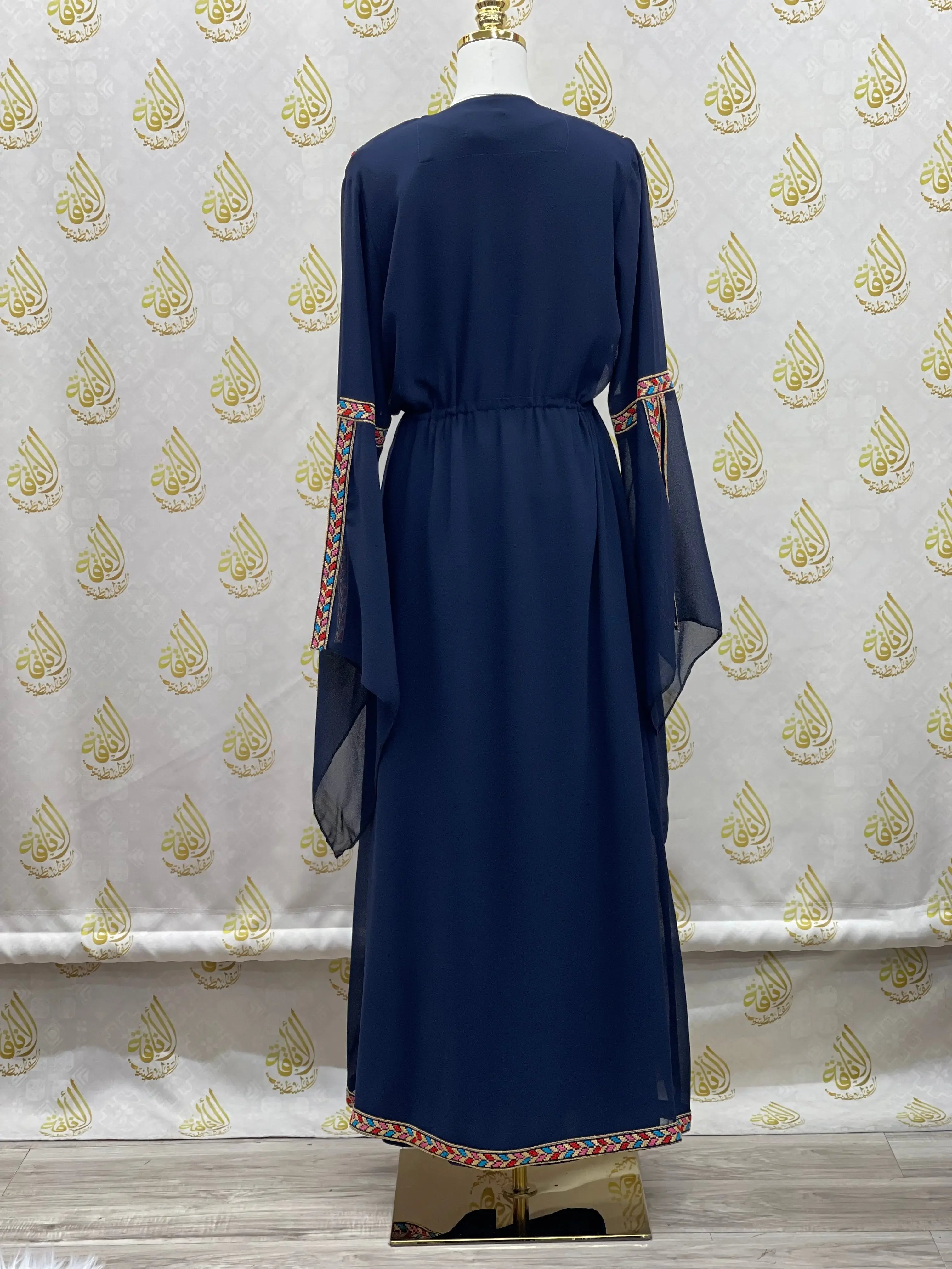 Navy blue embroidered chiffon set with colorful geometric embroidery on sleeves and hem