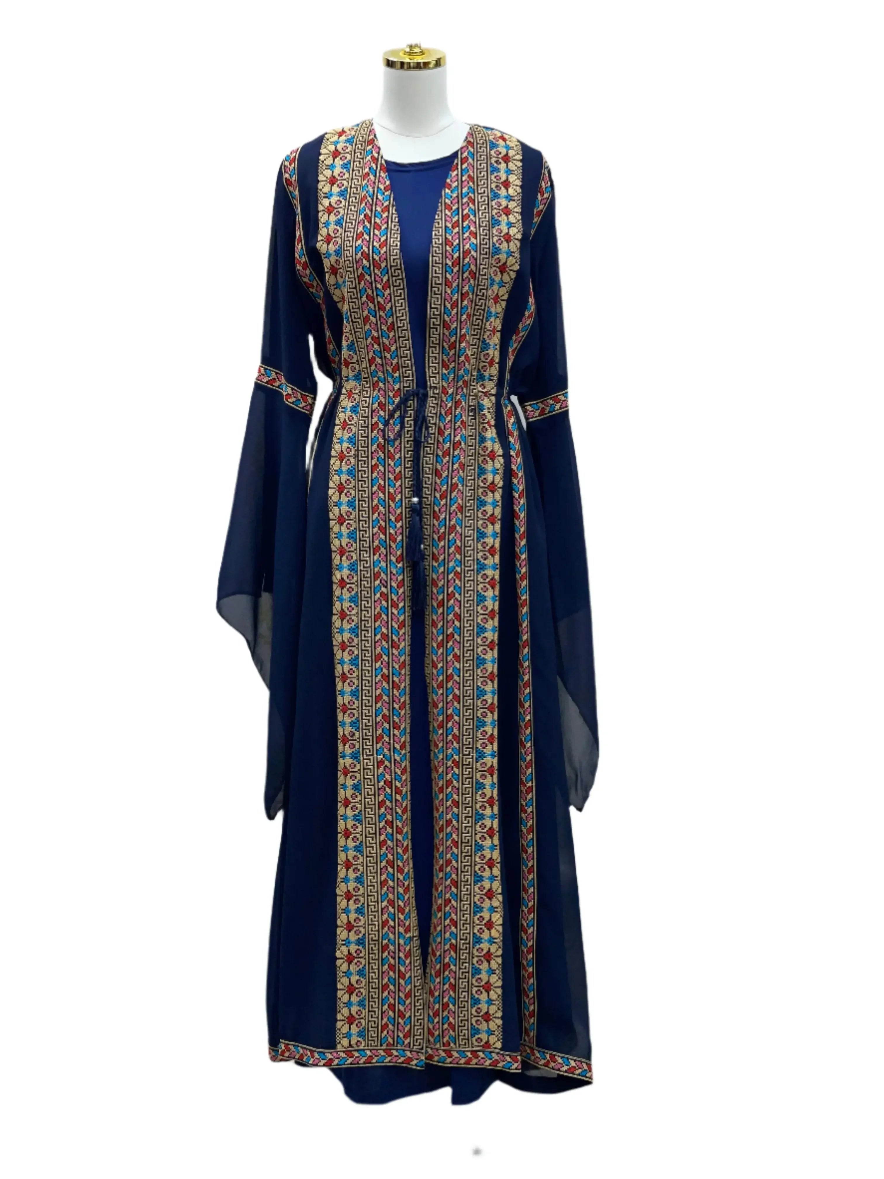 Palestinian Elegance embroidered chiffon set in navy with intricate colorful embroidery on front and sleeves