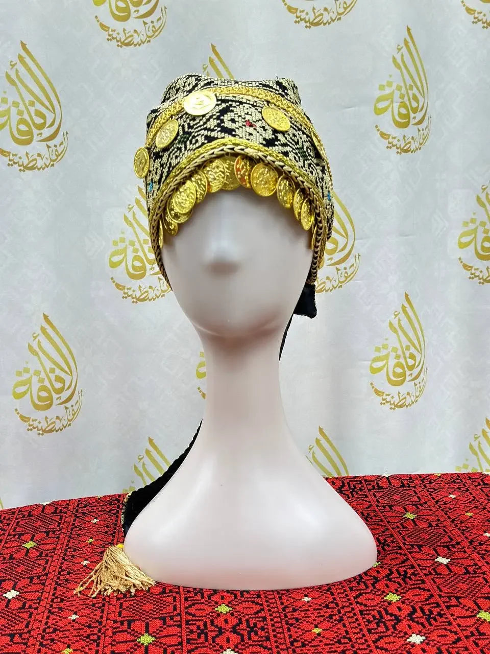 Palestinian Elegance kids tatreez headpiece with gold coins and traditional embroidery on mannequin