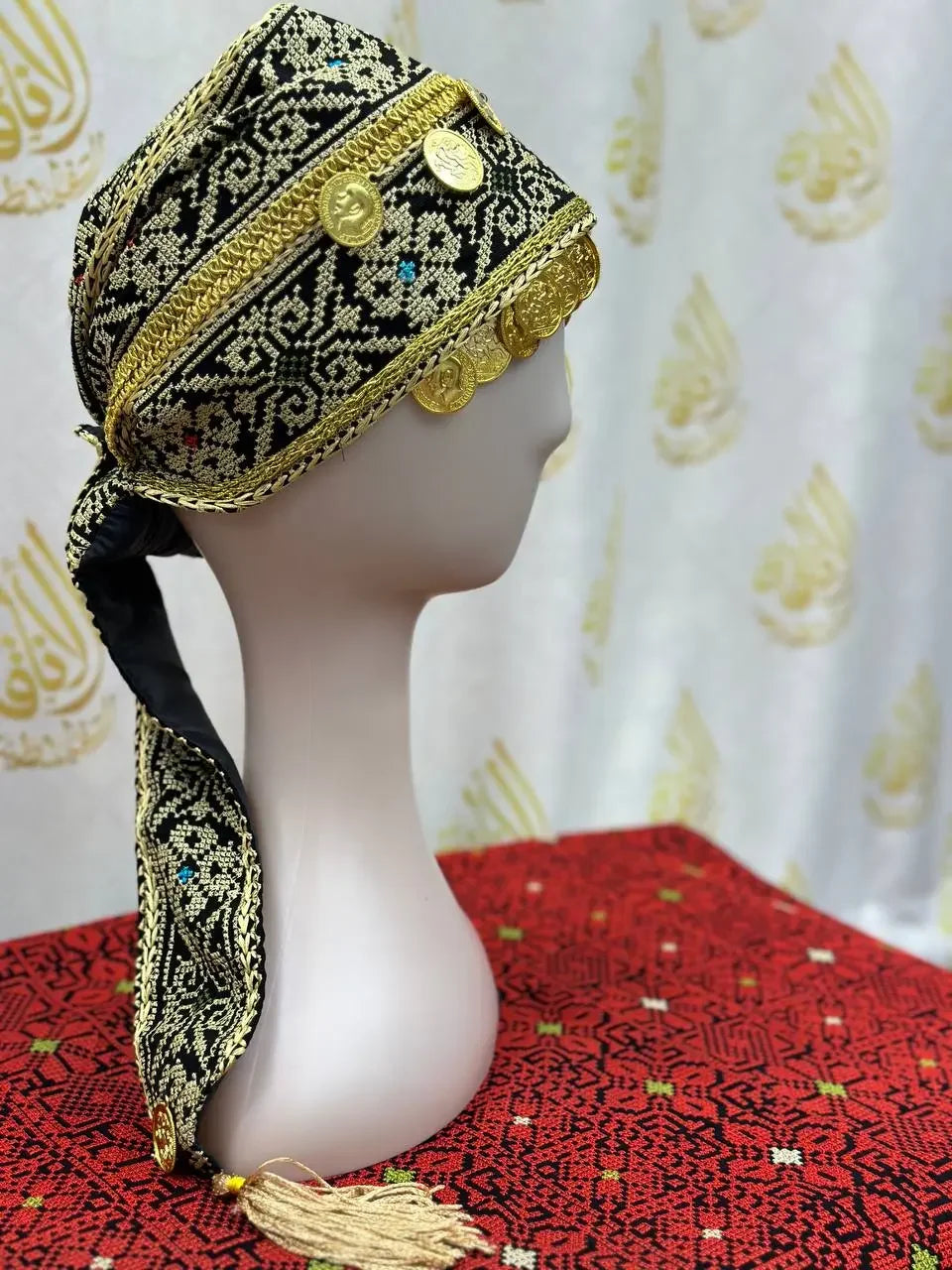 Palestinian Elegance kids tatreez headpiece with gold coin accents and intricate black and gold embroidery