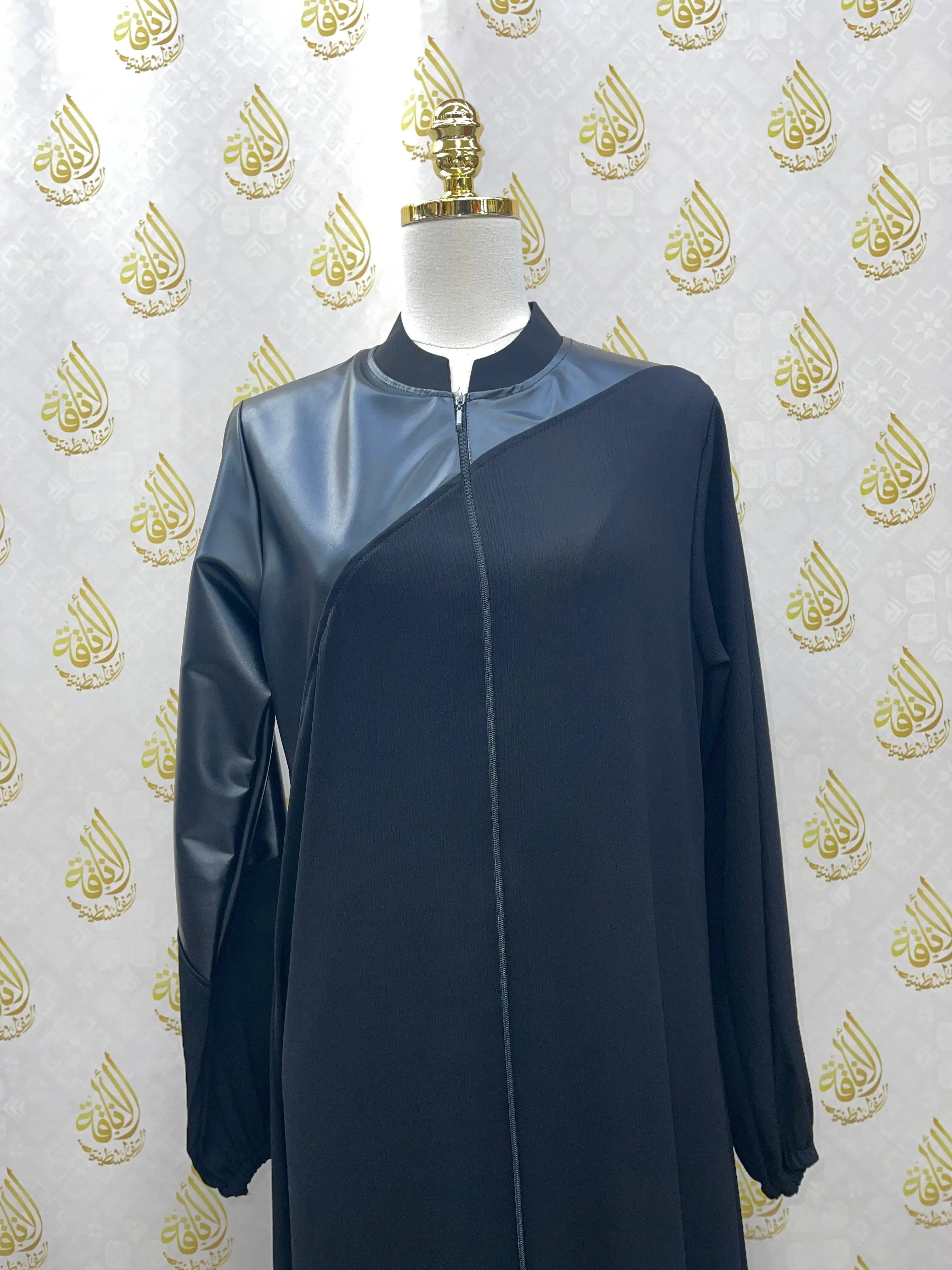 Palestinian Elegance luxury women leather abaya with black leather and fabric combination