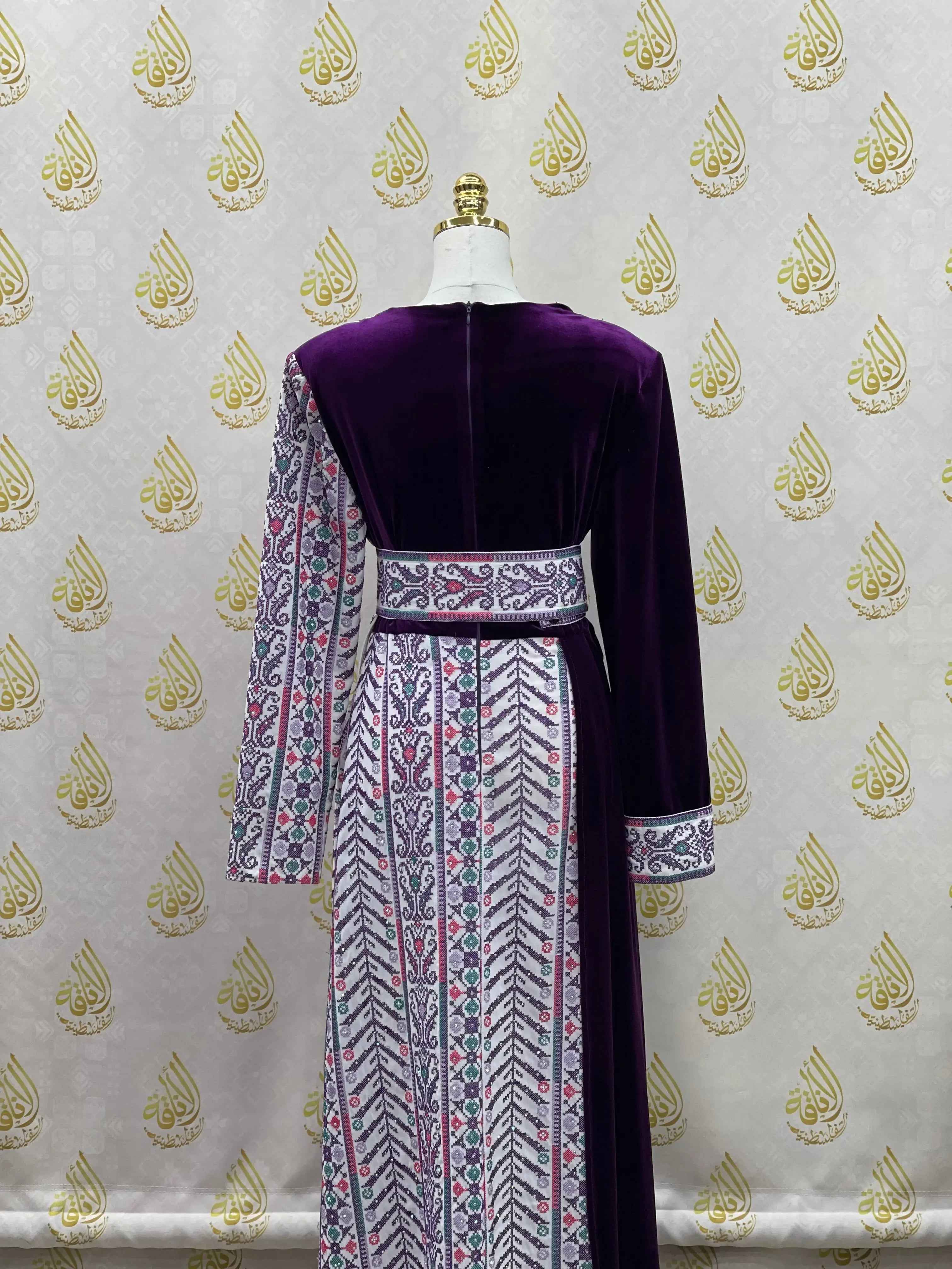 Modern Embroidered Velvet Dress Palestinian Traditional Design - Palestinian Elegance