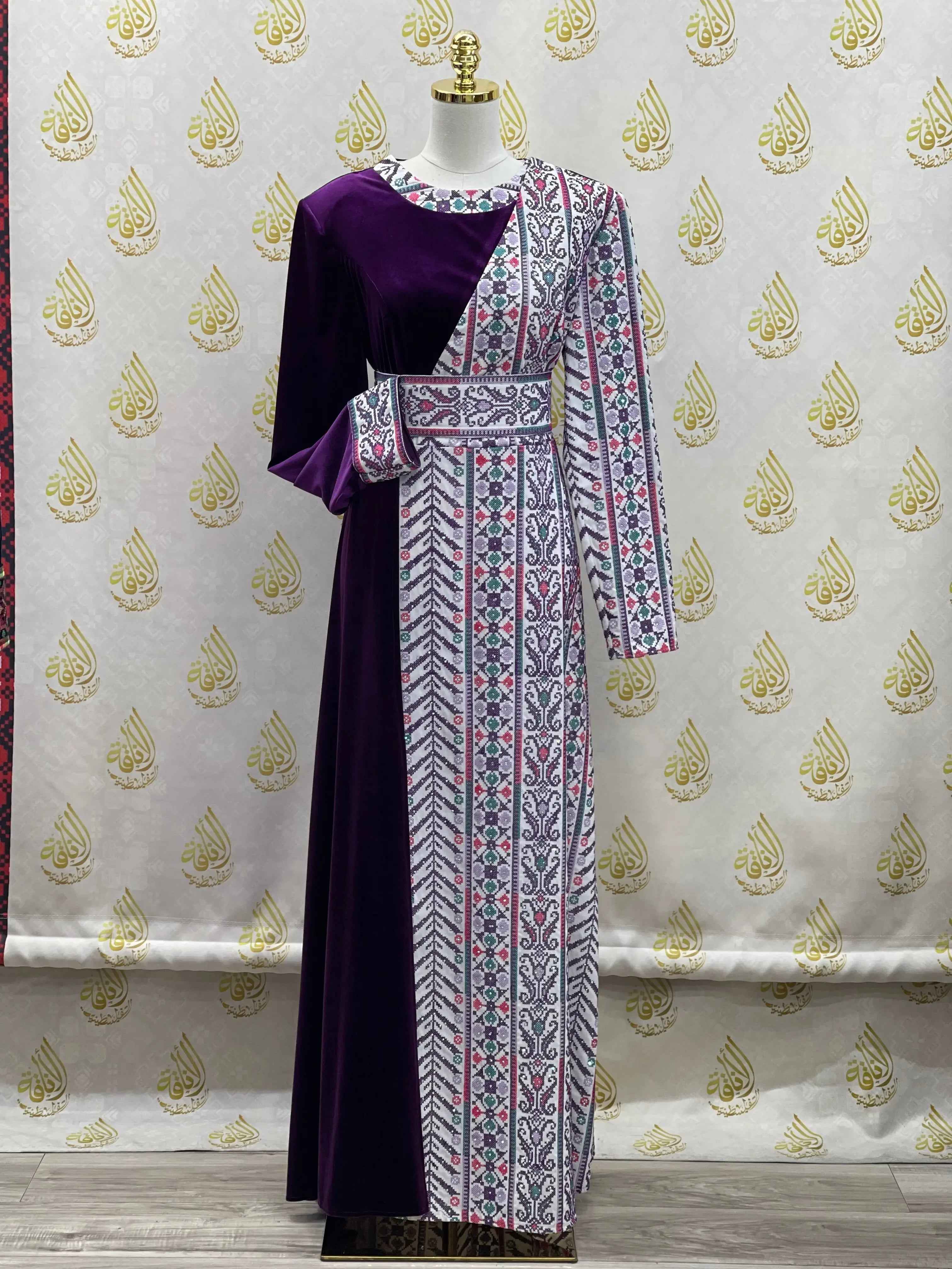 Modern Embroidered Velvet Dress Palestinian Traditional Design - Palestinian Elegance