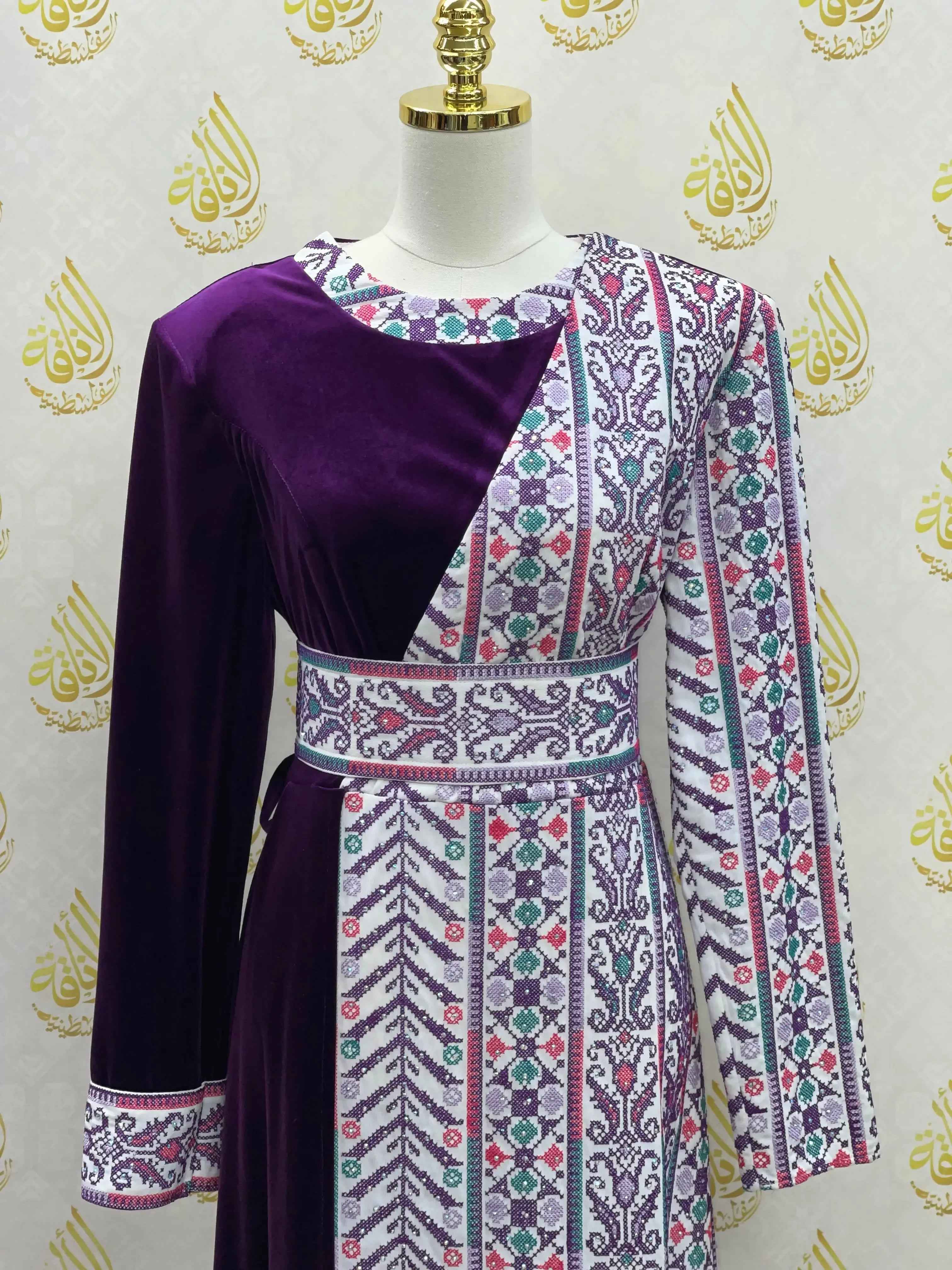 Modern Embroidered Velvet Dress Palestinian Traditional Design - Palestinian Elegance