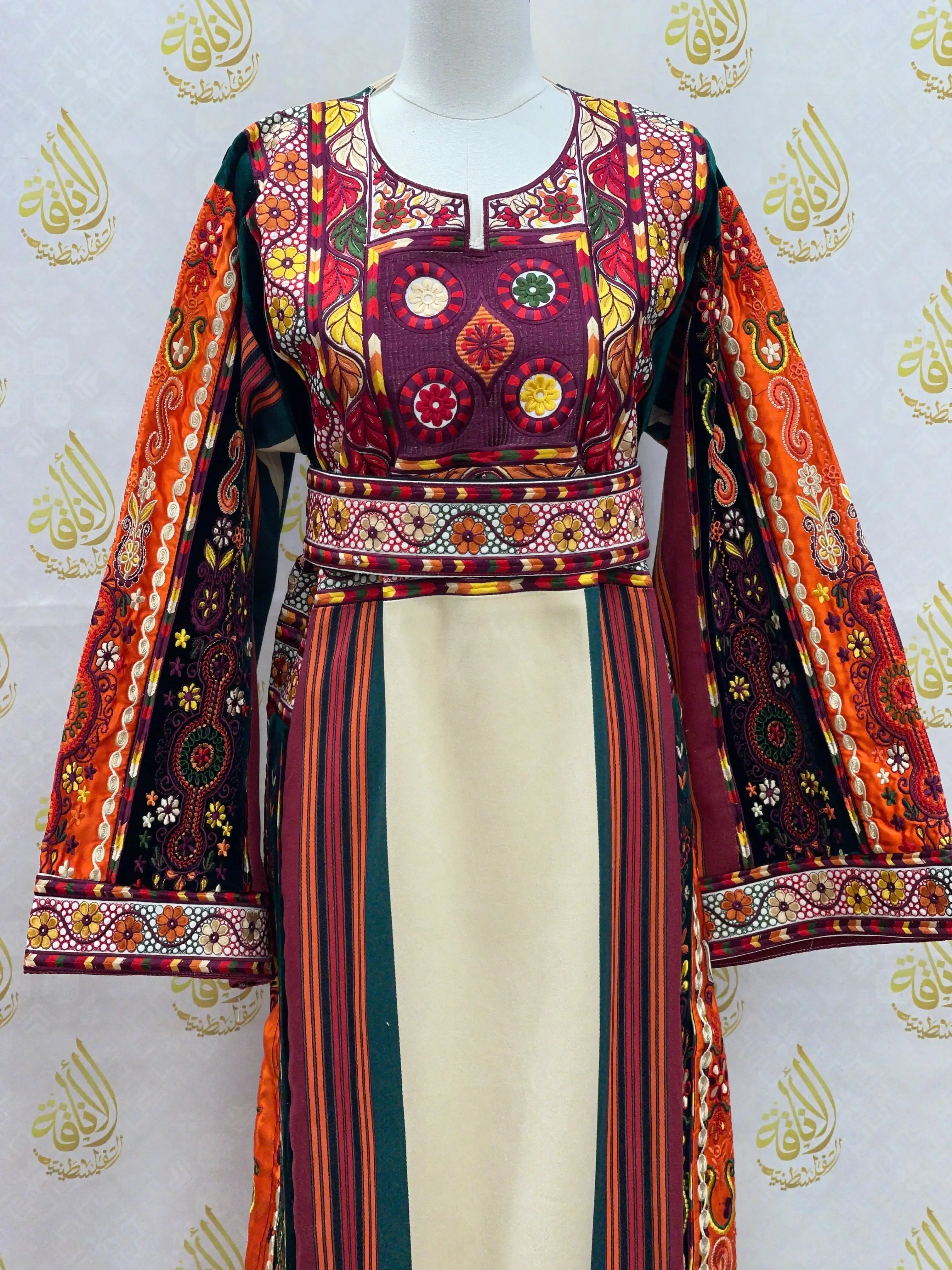 Palestinian Elegance traditional Palestinian embroidered thoub dress with colorful geometric and floral patterns