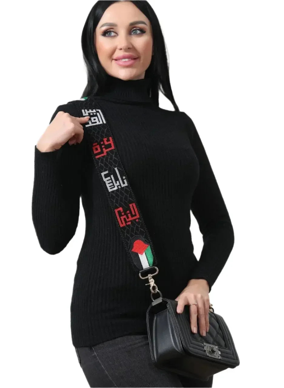 Palestinian purse strap replacement with traditional embroidery and flag design on black bag