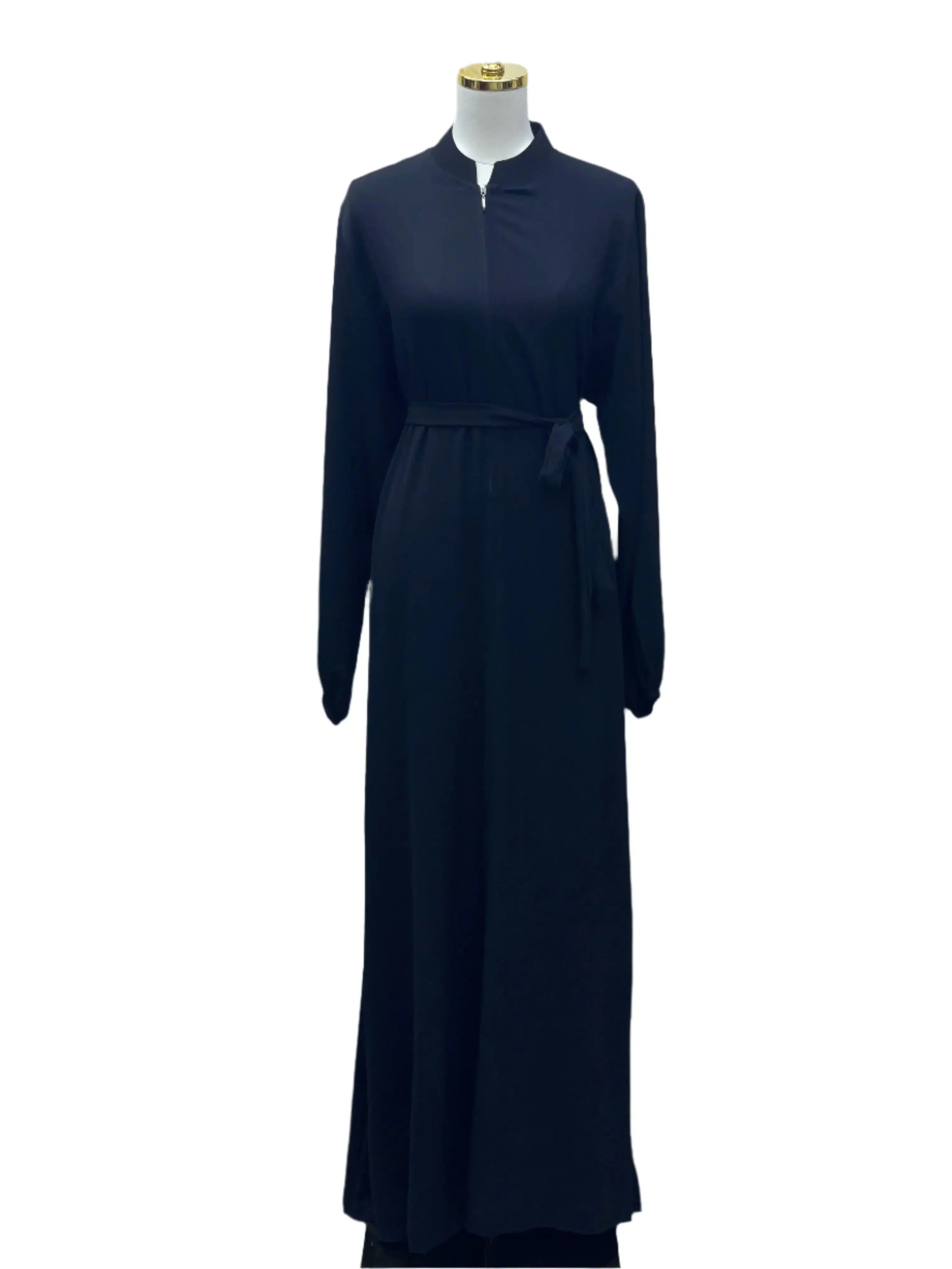 Palestinian Elegance plain black abaya with long sleeves and tied waist belt on mannequin