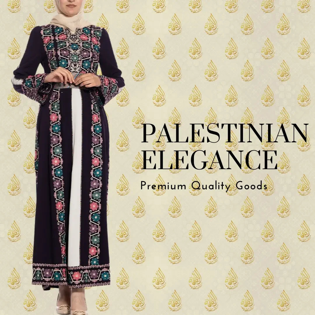 Traditional Palestinian dress featuring intricate embroideries by Palestinian Elegance on a long black garment