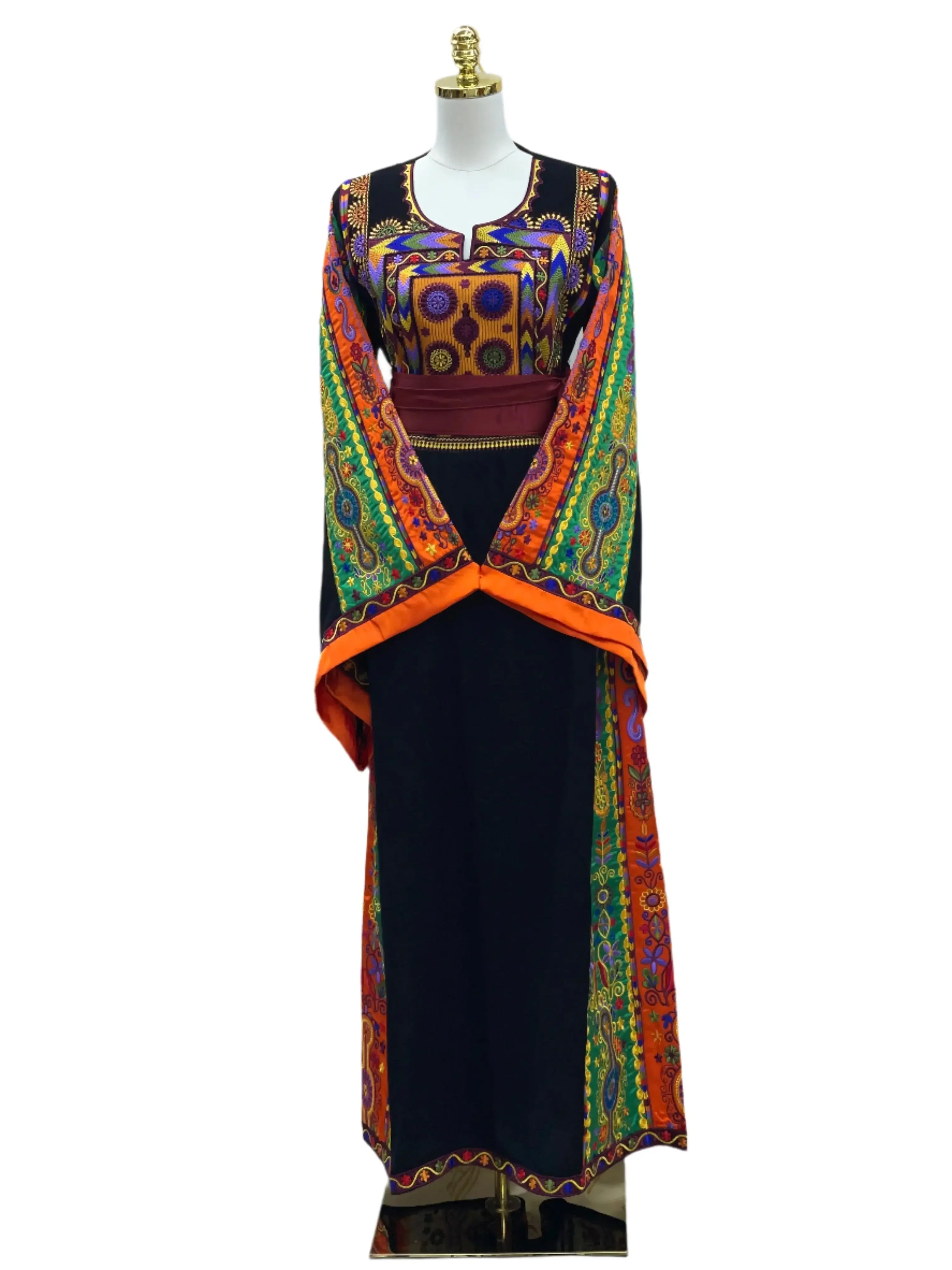 Palestinian Elegance embroidered long black dress with vibrant multicolor traditional patterns and wide sleeves