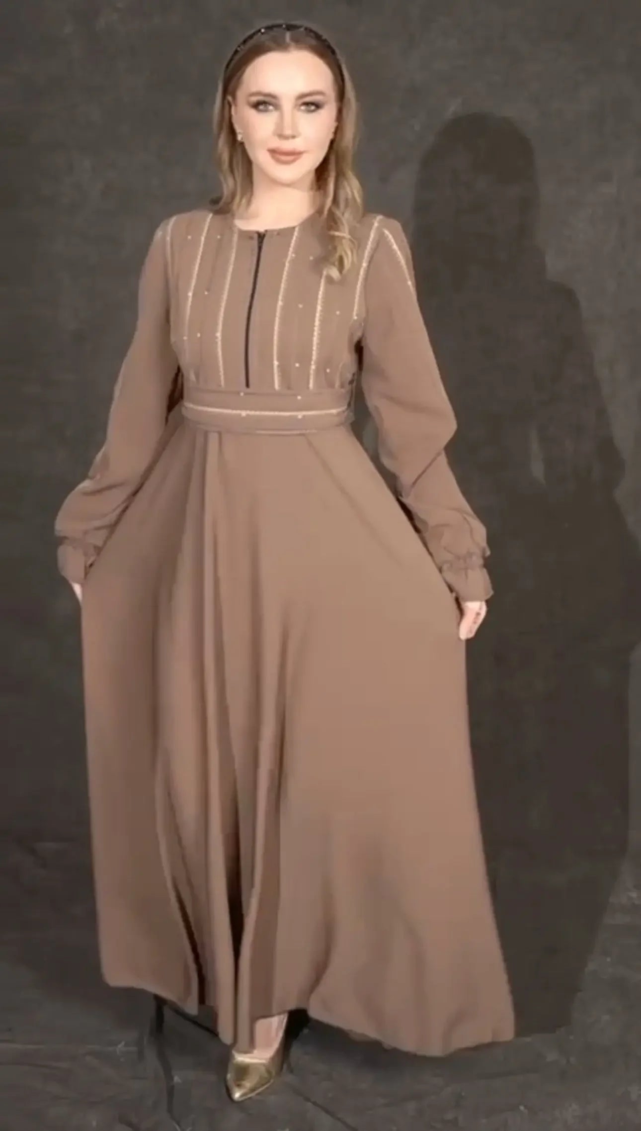Palestinian Elegance versatile abaya dress in brown with long sleeves and embroidered detailing