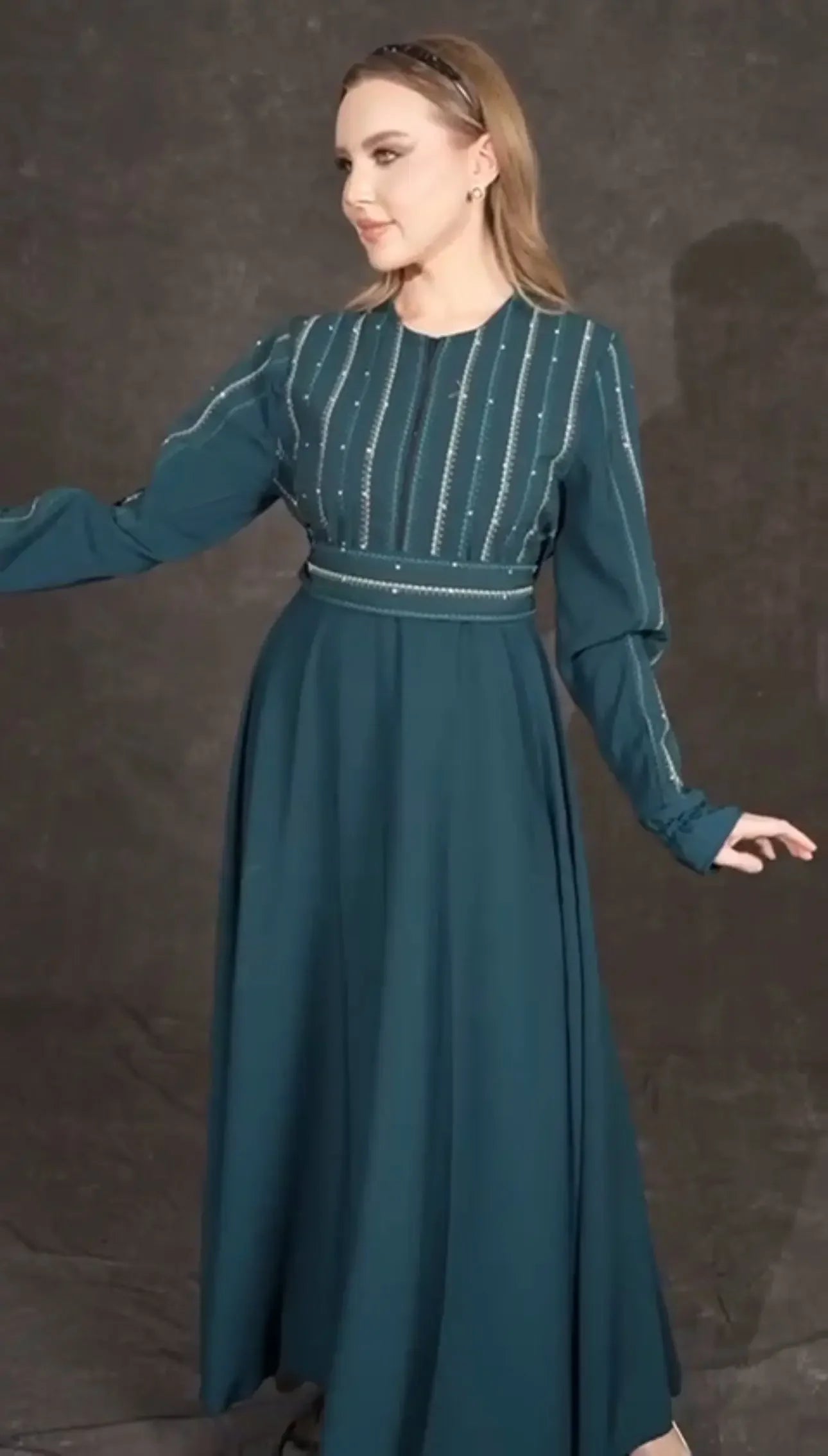 Palestinian Elegance versatile abaya dress in teal with long sleeves and decorative beading on bodice