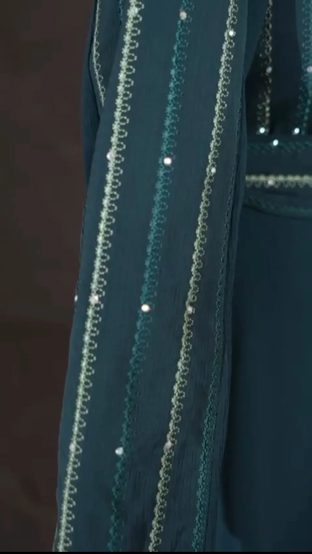 Detailed close-up of Palestinian Elegance versatile abaya dress sleeve with embroidered stripes and small decorative beads