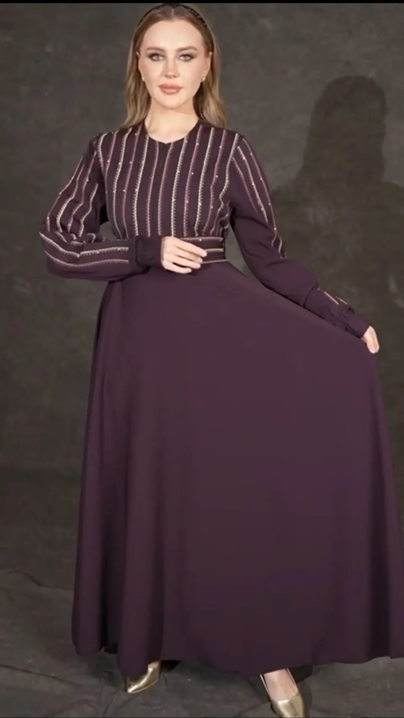 Palestinian Elegance versatile abaya dress in deep purple with striped detailing and long sleeves