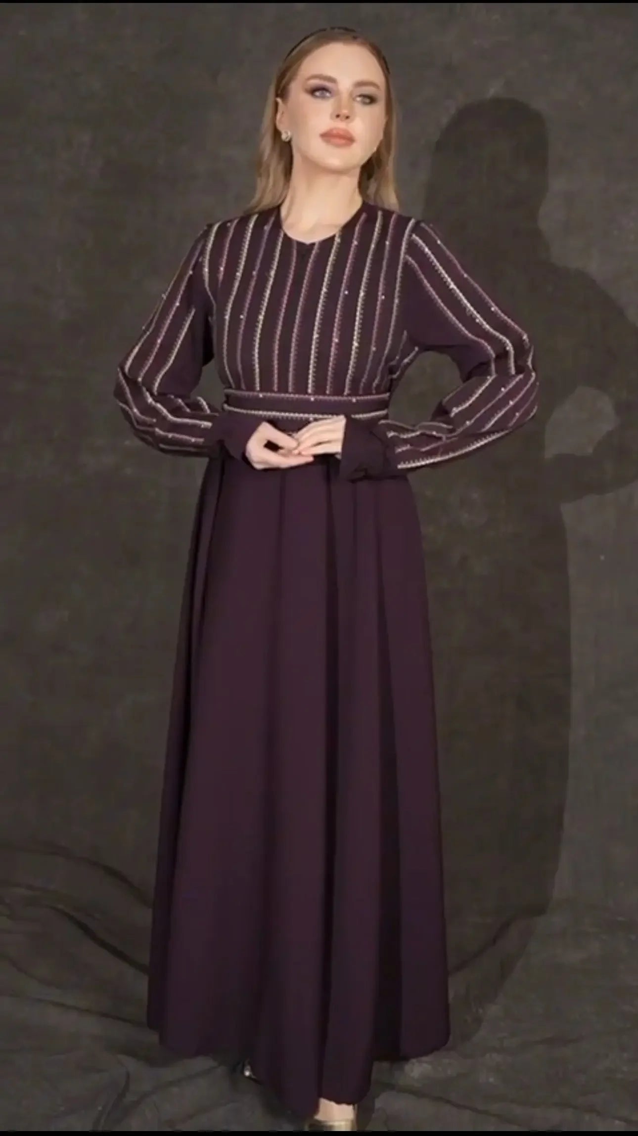 Palestinian Elegance versatile abaya dress in deep purple with striped bodice and long sleeves