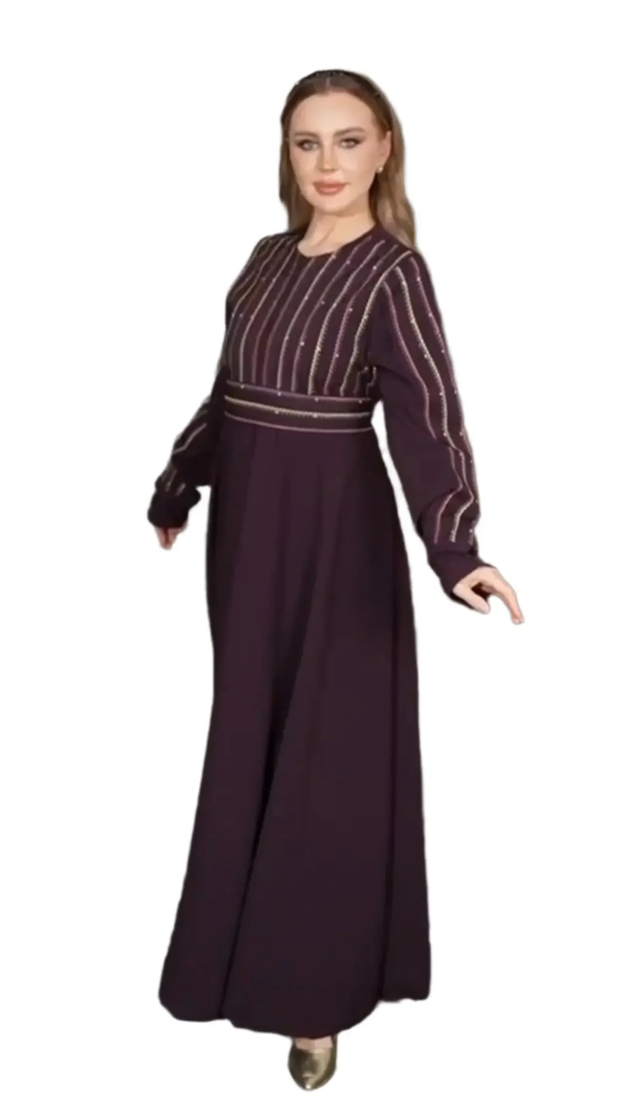 Palestinian Elegance versatile abaya dress with striped detailed top and long flowing skirt in dark purple