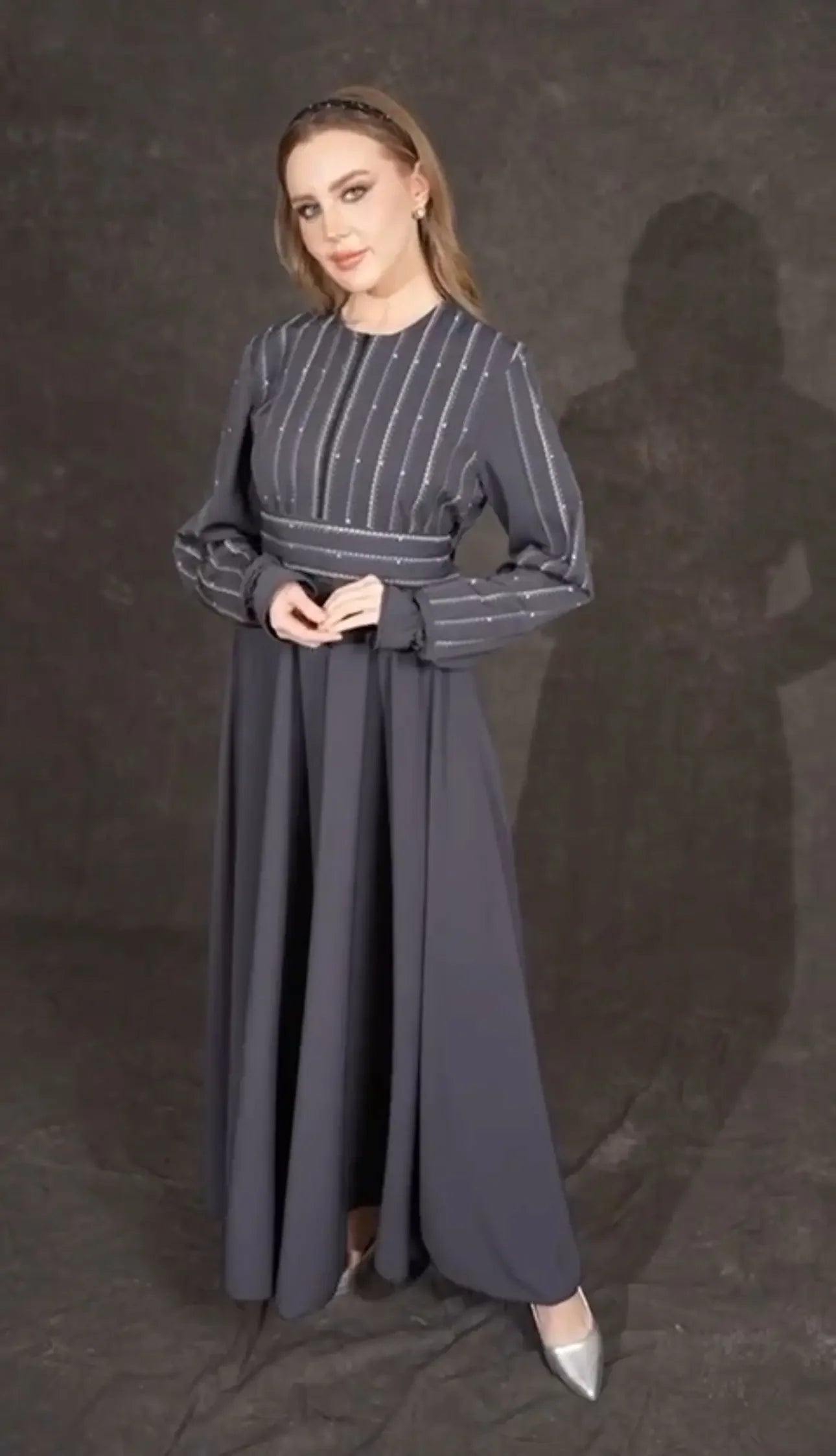 Palestinian Elegance versatile abaya dress in dark gray with long sleeves and striped bodice
