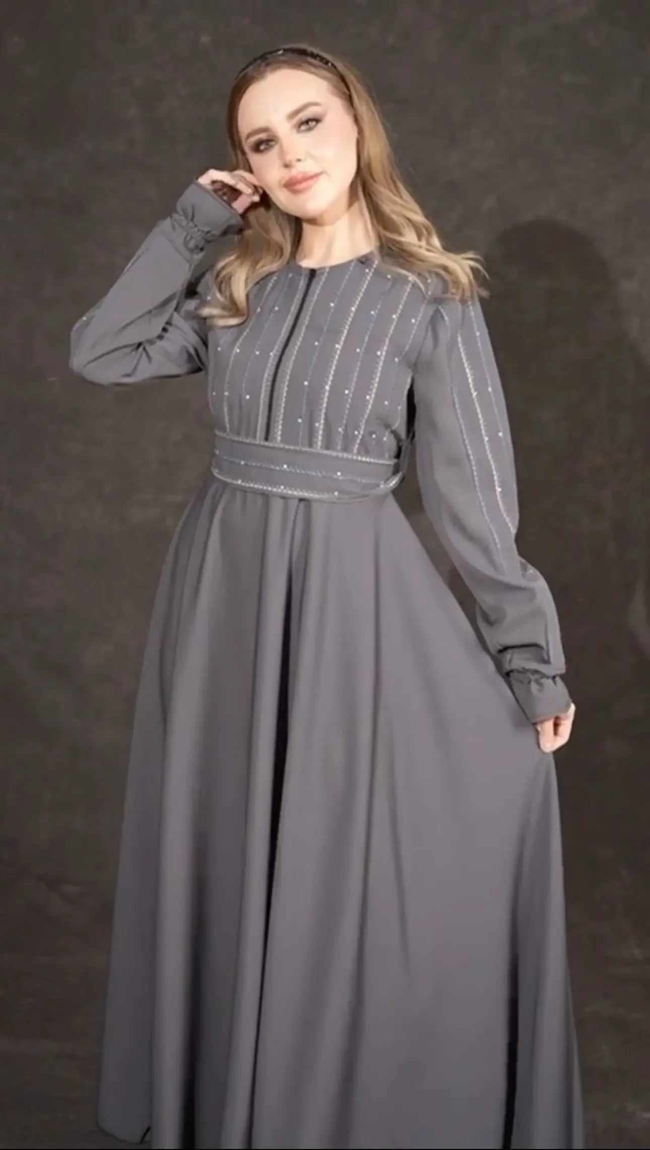 Palestinian Elegance gray versatile abaya dress with long sleeves and decorative stitching