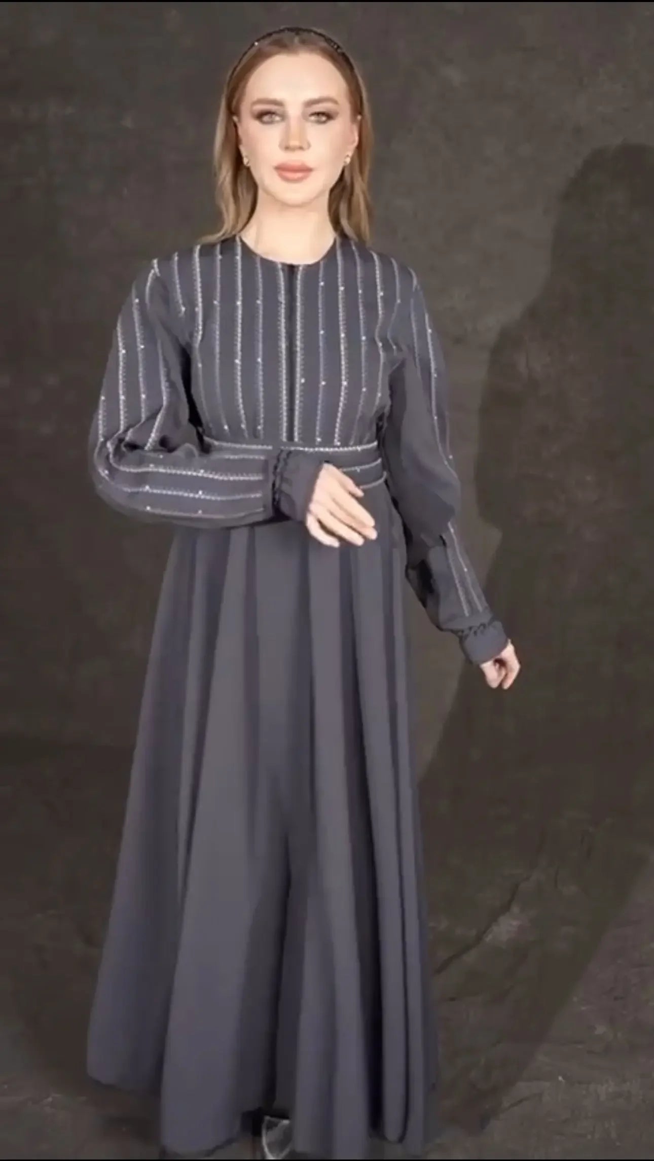 Palestinian Elegance gray versatile abaya dress with striped detailed sleeves and fitted cuffs