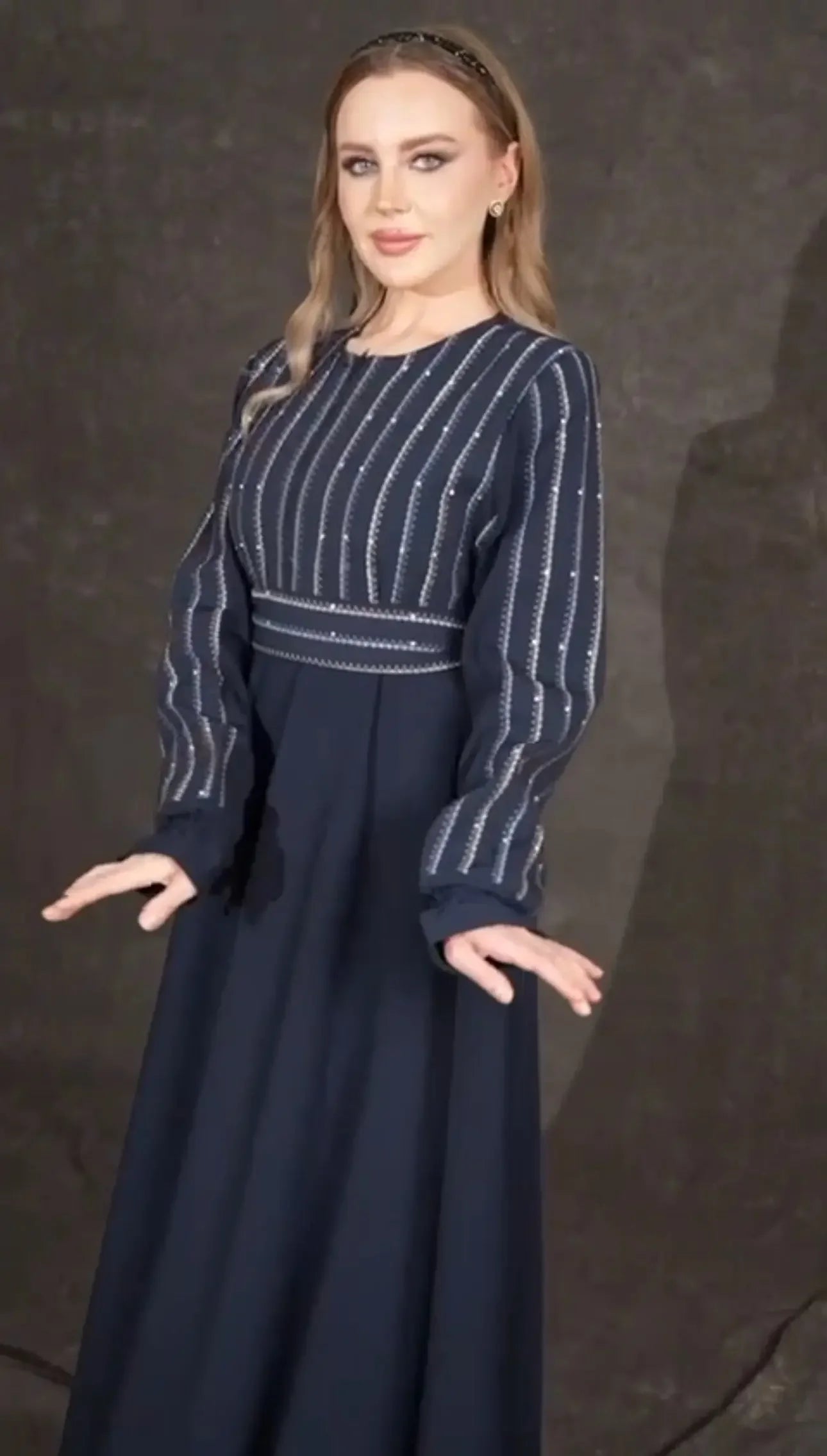 Palestinian Elegance versatile abaya dress in navy with patterned long sleeves and fitted waist