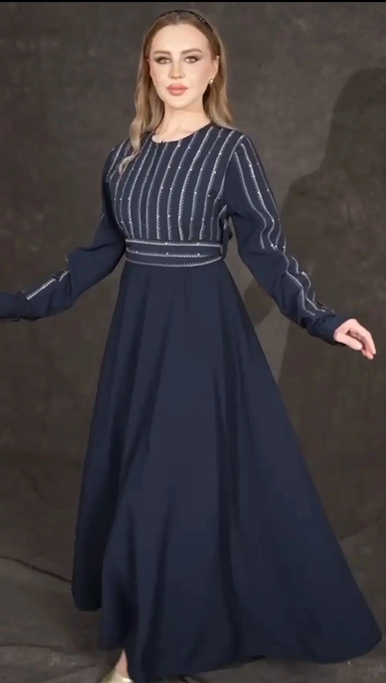 Palestinian Elegance navy versatile abaya dress with striped pattern on bodice and long flowing skirt