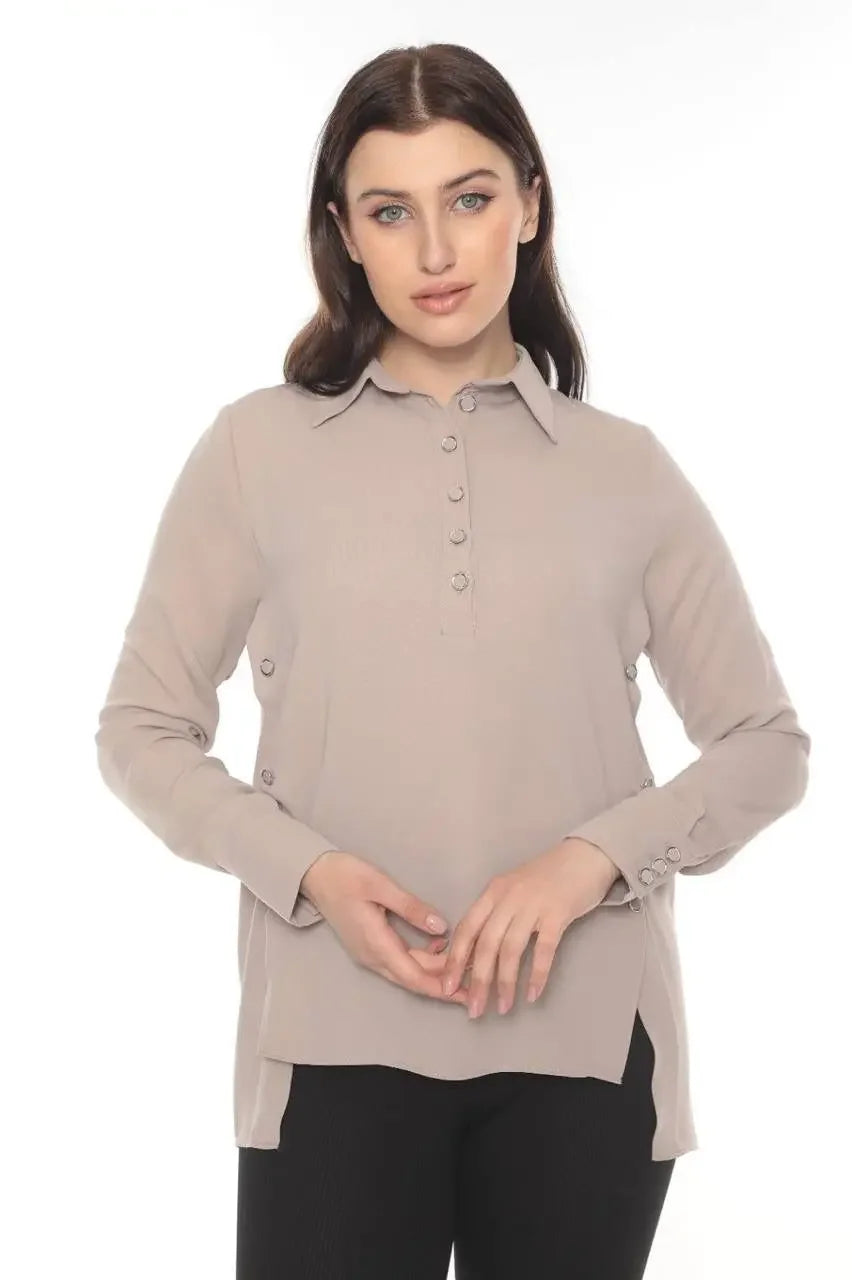 Versatile chic blouse from Palestinian Elegance in beige with button detail and long sleeves