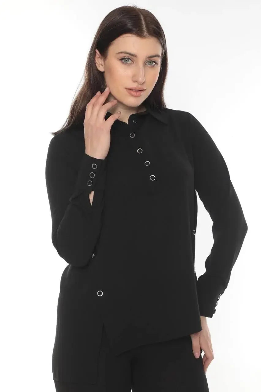 Palestinian Elegance black casual versatile chic blouse with button details and long sleeves