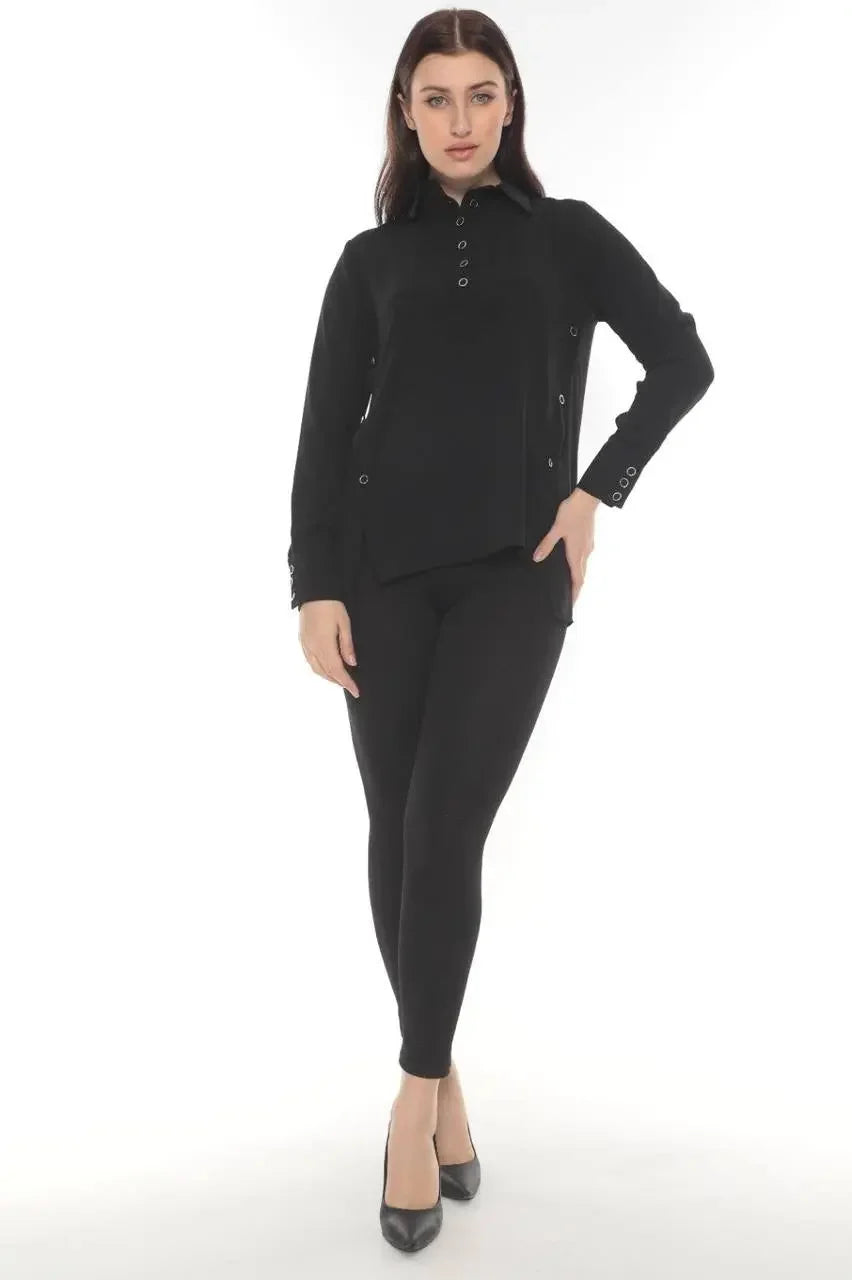 Palestinian Elegance versatile chic blouse in black with button details paired with black pants