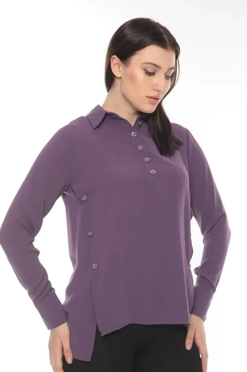 Palestinian Elegance versatile chic blouse in purple with long sleeves and button details for casual wear