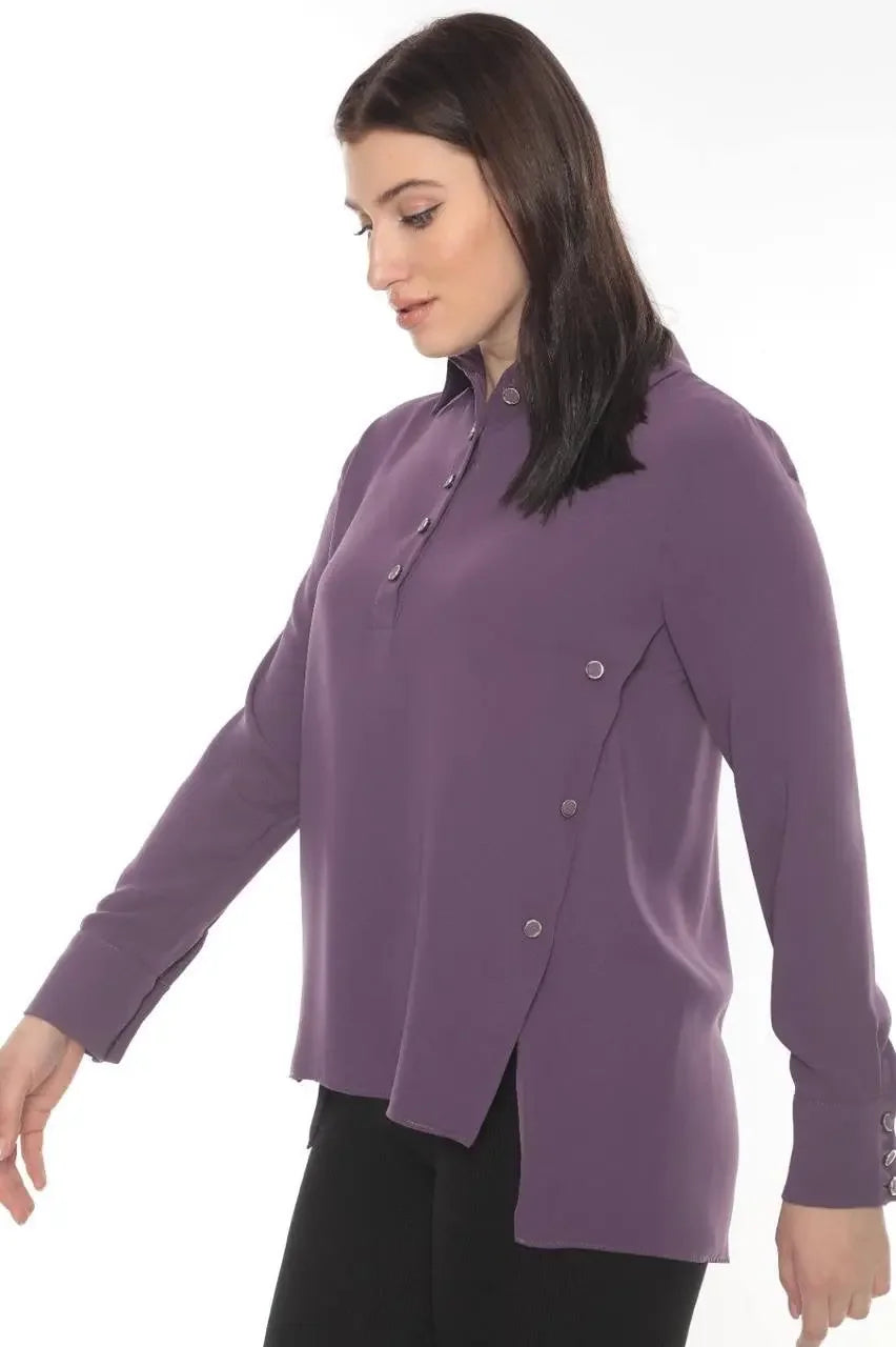 Purple versatile chic blouse by Palestinian Elegance with button details and long sleeves for casual wear
