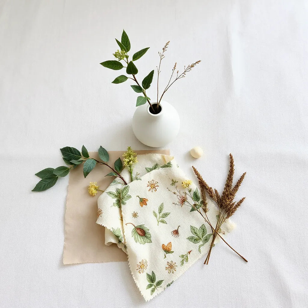 Botanical-pattern fabric swatch with delicate leaves and flowers beside fresh sprigs in soft daylight