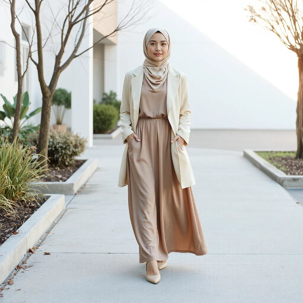 Woman in a flowing long modest dress and neutral headscarf with a tailored jacket in soft daylight