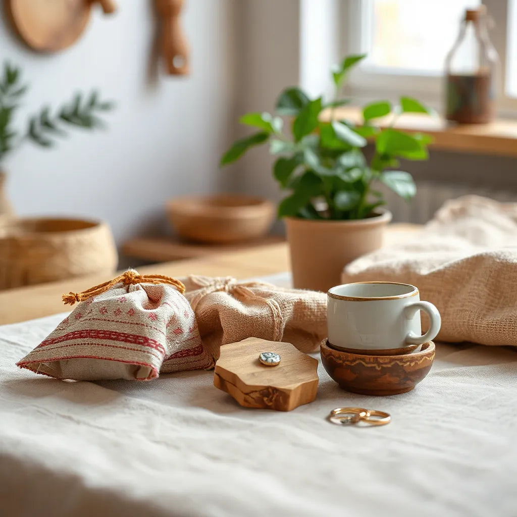 Handmade cultural gift items arranged on linen with soft natural light