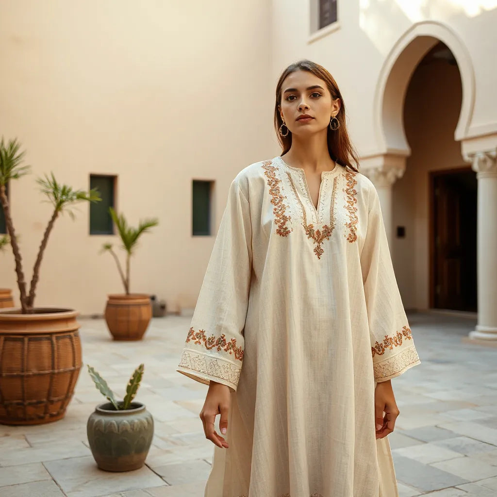 Model wearing a heritage embroidered kaftan with detailed neckline and sleeve embroidery in soft daylight