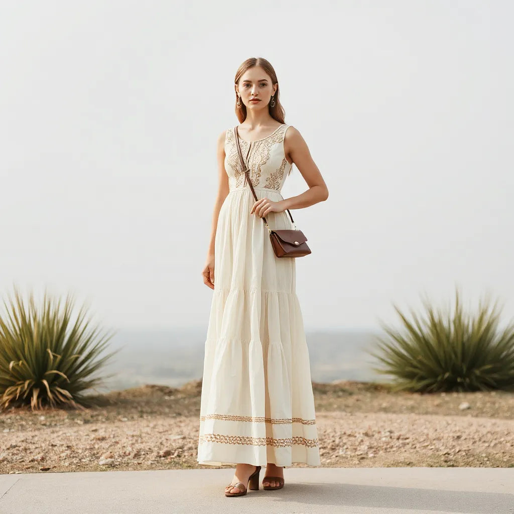 Model wearing a flowing embroidered maxi dress with detailed stitching and a neat, elegant silhouette