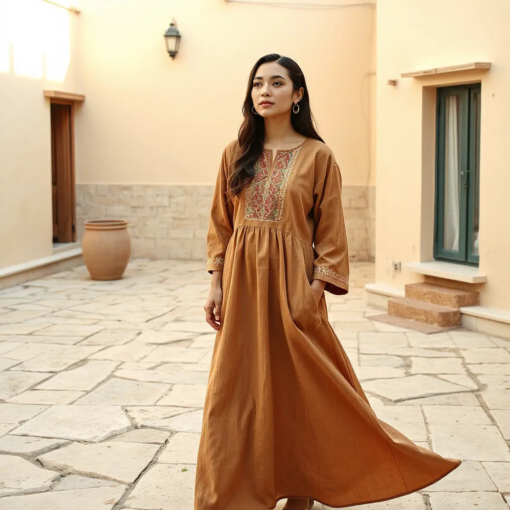 Modest Palestinian-inspired dress with delicate embroidery in warm daylight on a simple stone courtyard