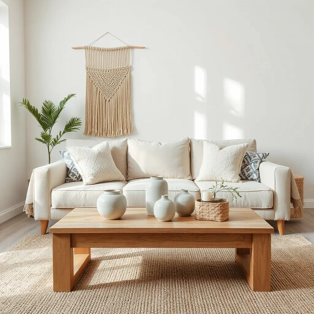 Handmade ceramic vases and woven wall decor on a styled living room coffee table